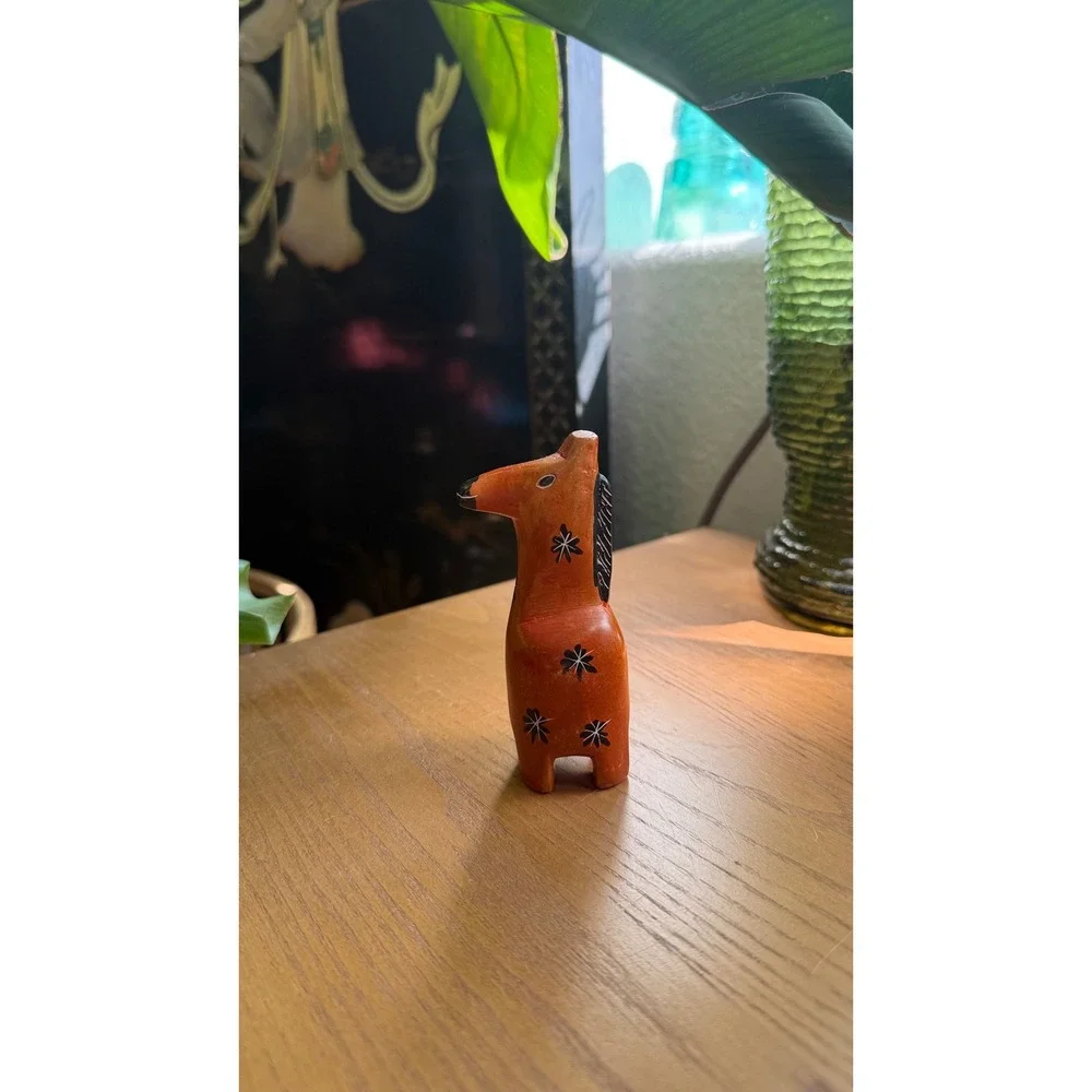 Kenyan Soapstone Giraffe Figurine Folk Art Orange Painted Floral